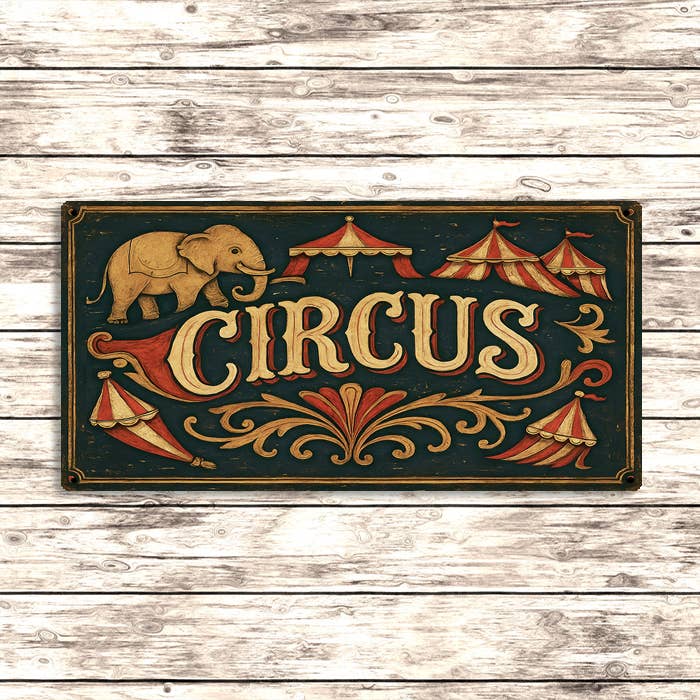 Vintage Style Circus Metal Sign with Elephant and Tents