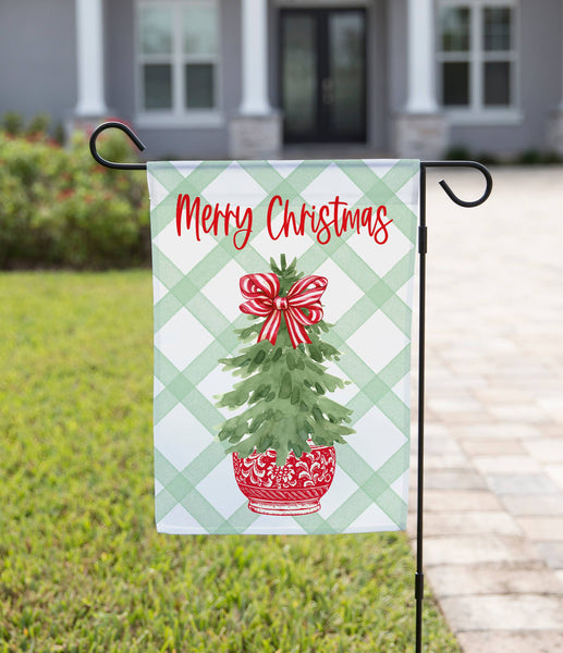 Merry Christmas Potted Tree with Red Bow Garden Flag