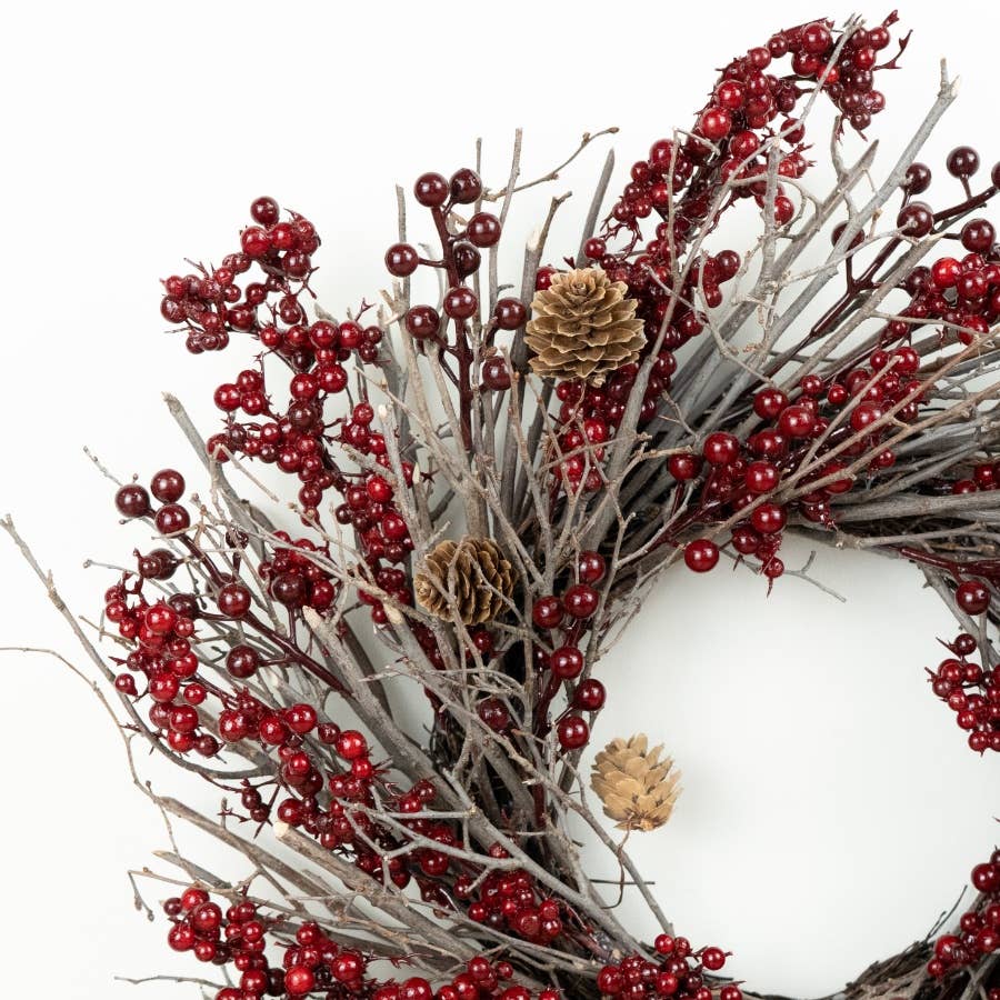 Red Berries & Pinecones Rustic Twig Wreath
