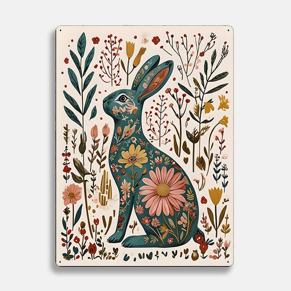 Folk Art Floral Rabbit Metal Sign