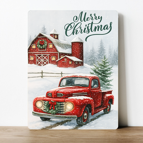 Merry Christmas Red Barn Farm Vintage Truck Metal Sign