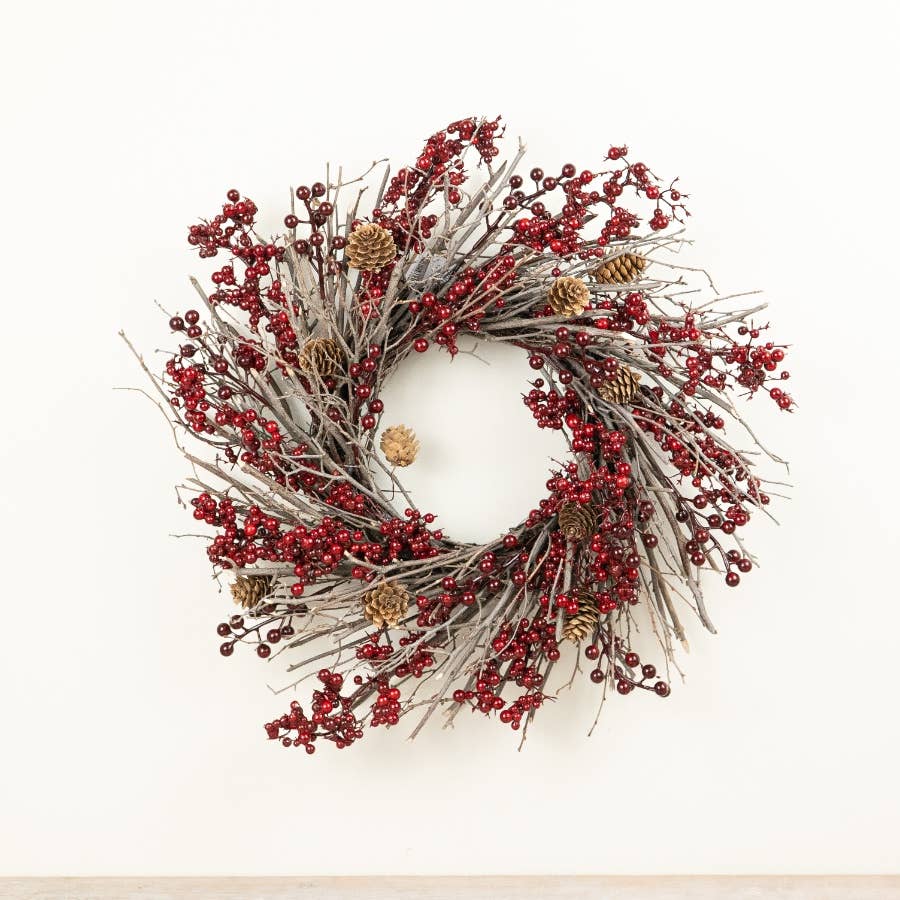 Red Berries & Pinecones Rustic Twig Wreath