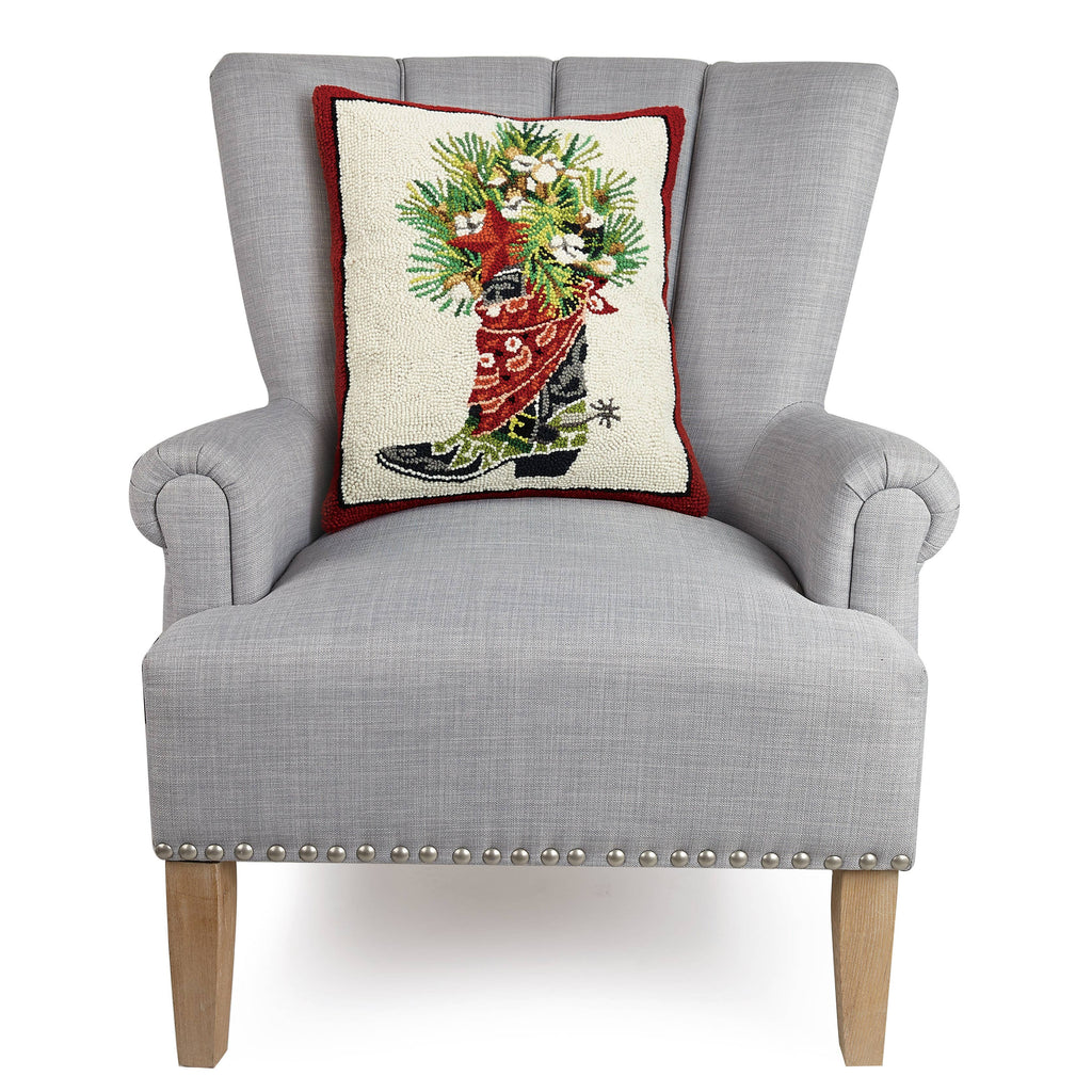 Large Festive Cowboy Boot Hooked Cushion
