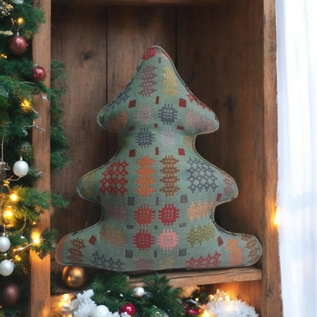 Green Multi Colour Welsh Tapestry Fabric Christmas Tree Cushion