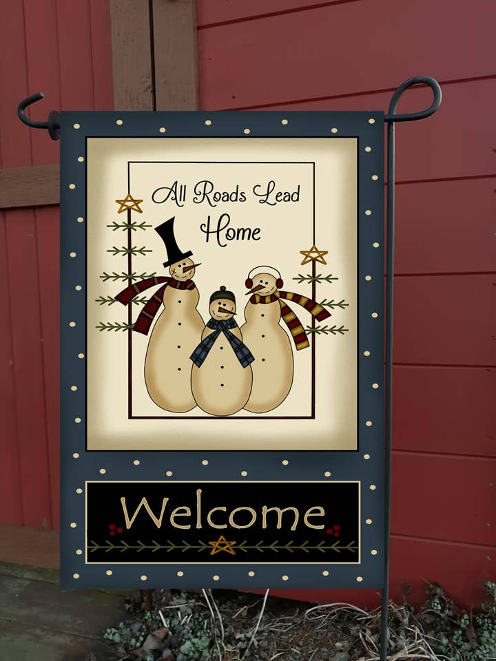 All Roads Lead Home Snowmen Garden Flag