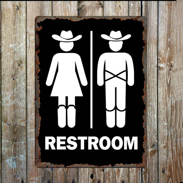 Cowboy Cowgirl Bathroom Door Western Metal Sign