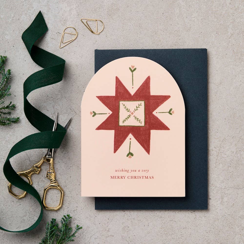 Arch Quilt Motif Red Wishing You A Merry Christmas Card