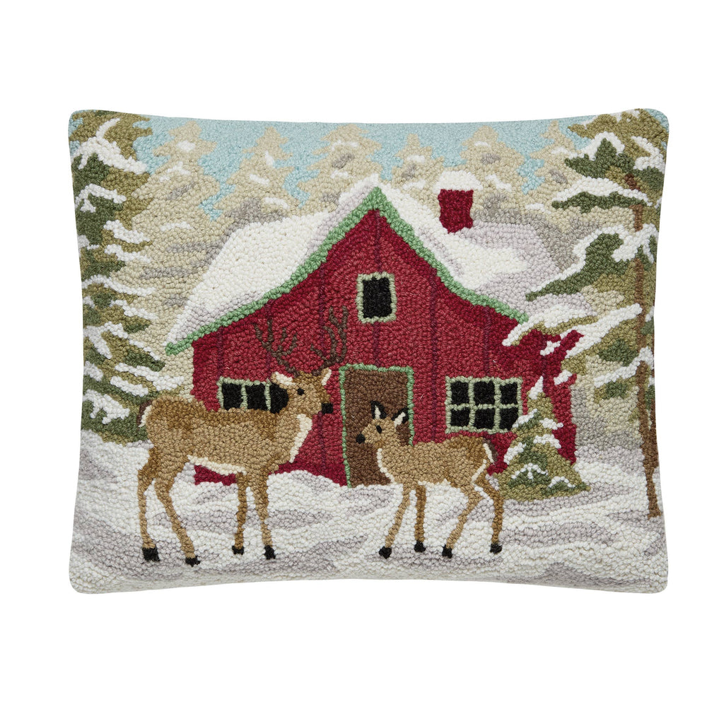 Large Cabin and Deer Hooked Cushion