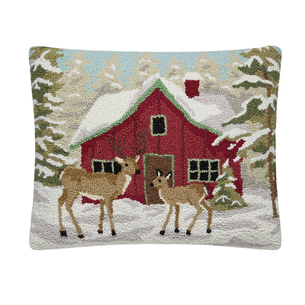 Large Cabin and Deer Hooked Cushion