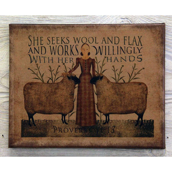 She Seeks Wool Primitive Folk Art Canvas