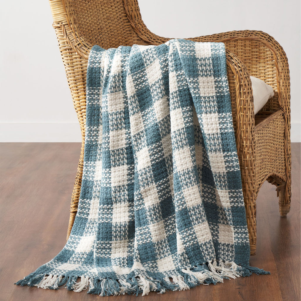 Checked Throws River Blue Woven Check Throw Blanket with Tassels - Olde Glory