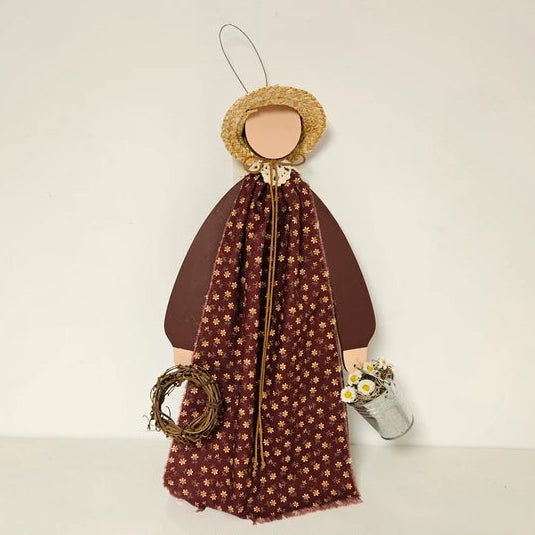 Large Barn Red Primitive Country Girl Doll with Wreath