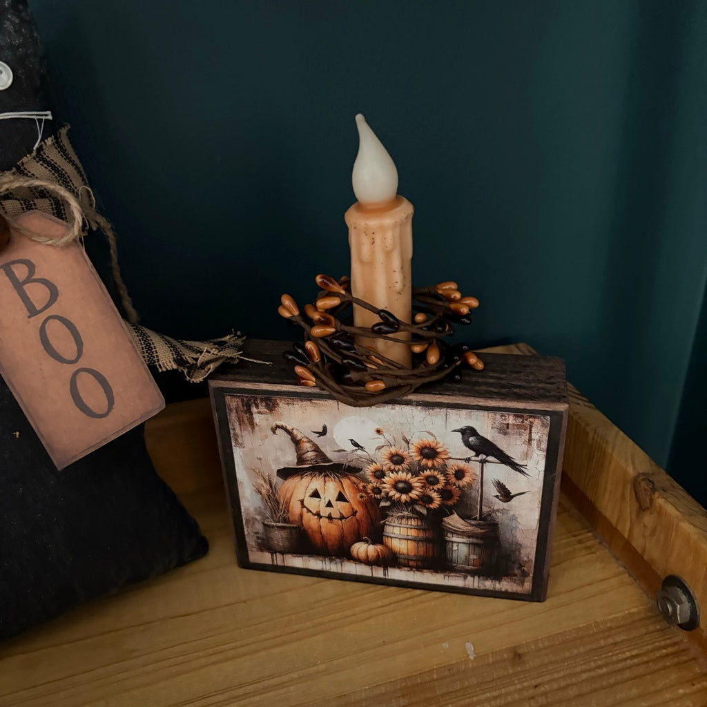 Jack O' Lantern Sunflowers Folk Art Block with Timer Candle