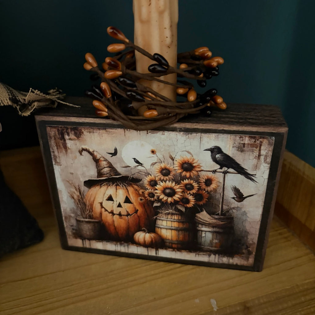 Jack O' Lantern Sunflowers Folk Art Block with Timer Candle