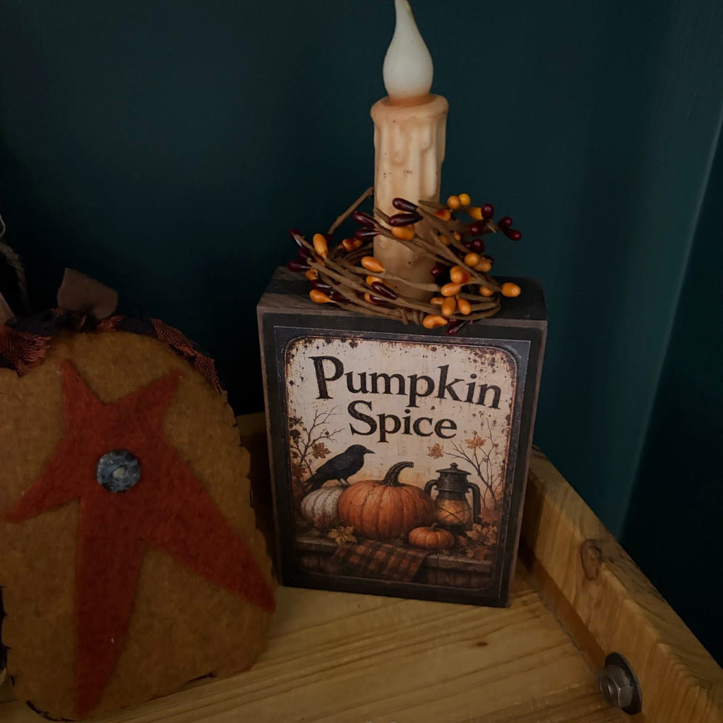 Pumpkin Spice Folk Art Block with Timer Candle