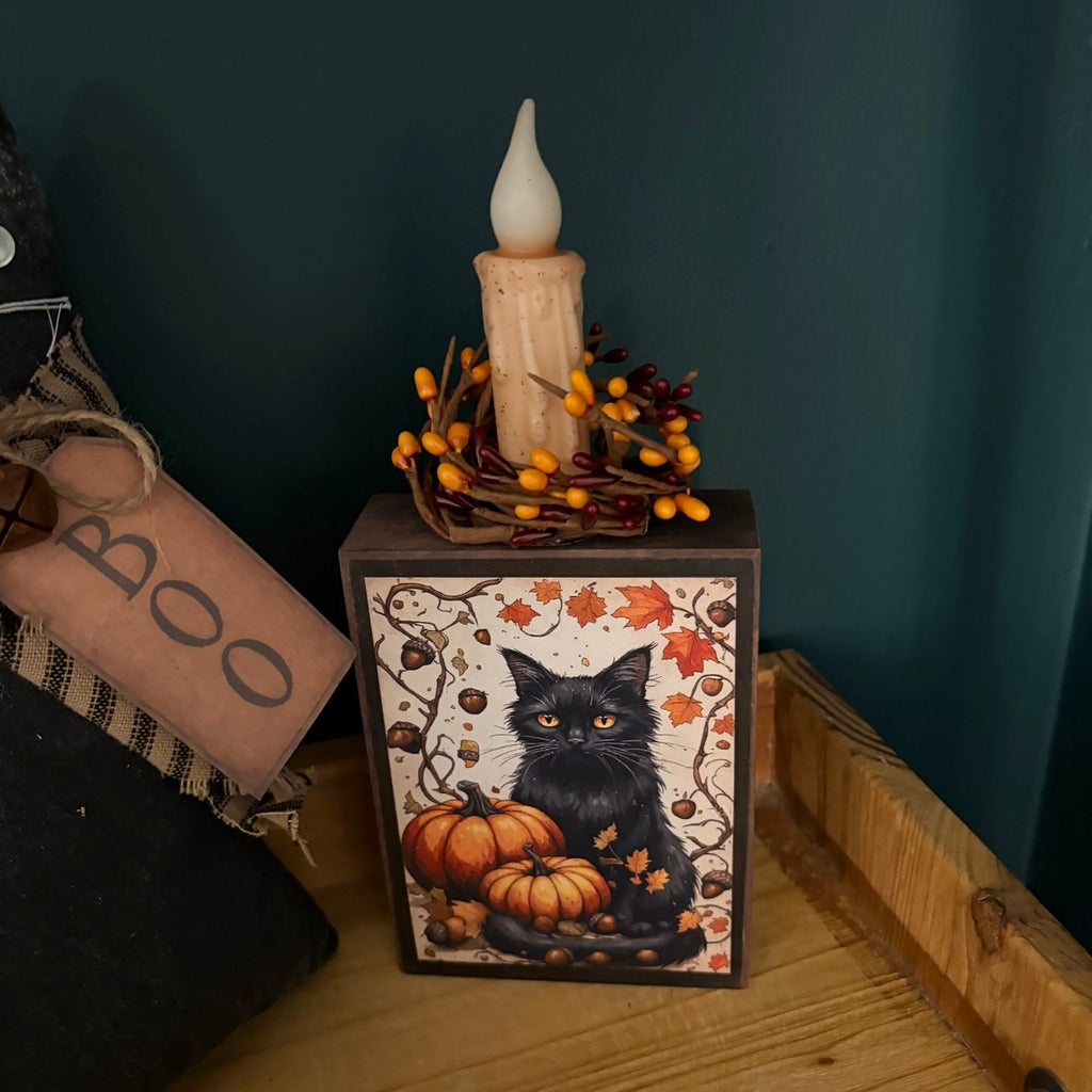Black Cat and Pumpkins Folk Art Block with Timer Candle