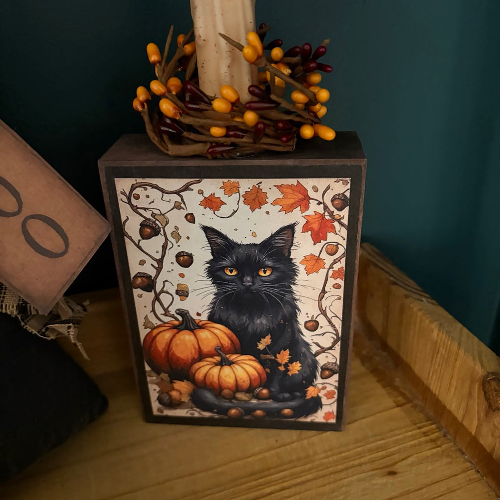 Black Cat and Pumpkins Folk Art Block with Timer Candle