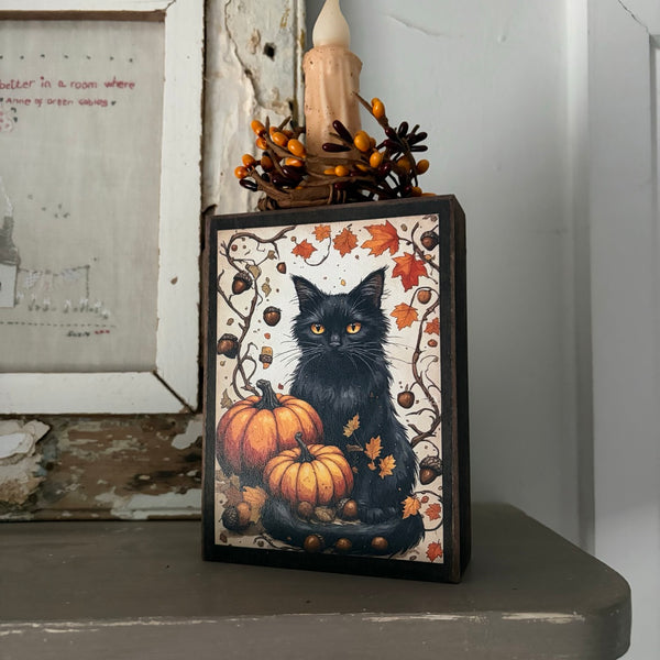 Black Cat and Pumpkins Folk Art Block with Timer Candle