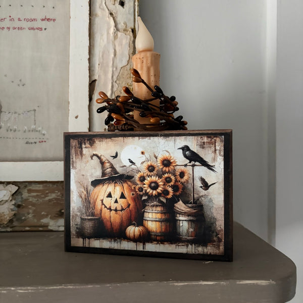 Jack O' Lantern Sunflowers Folk Art Block with Timer Candle