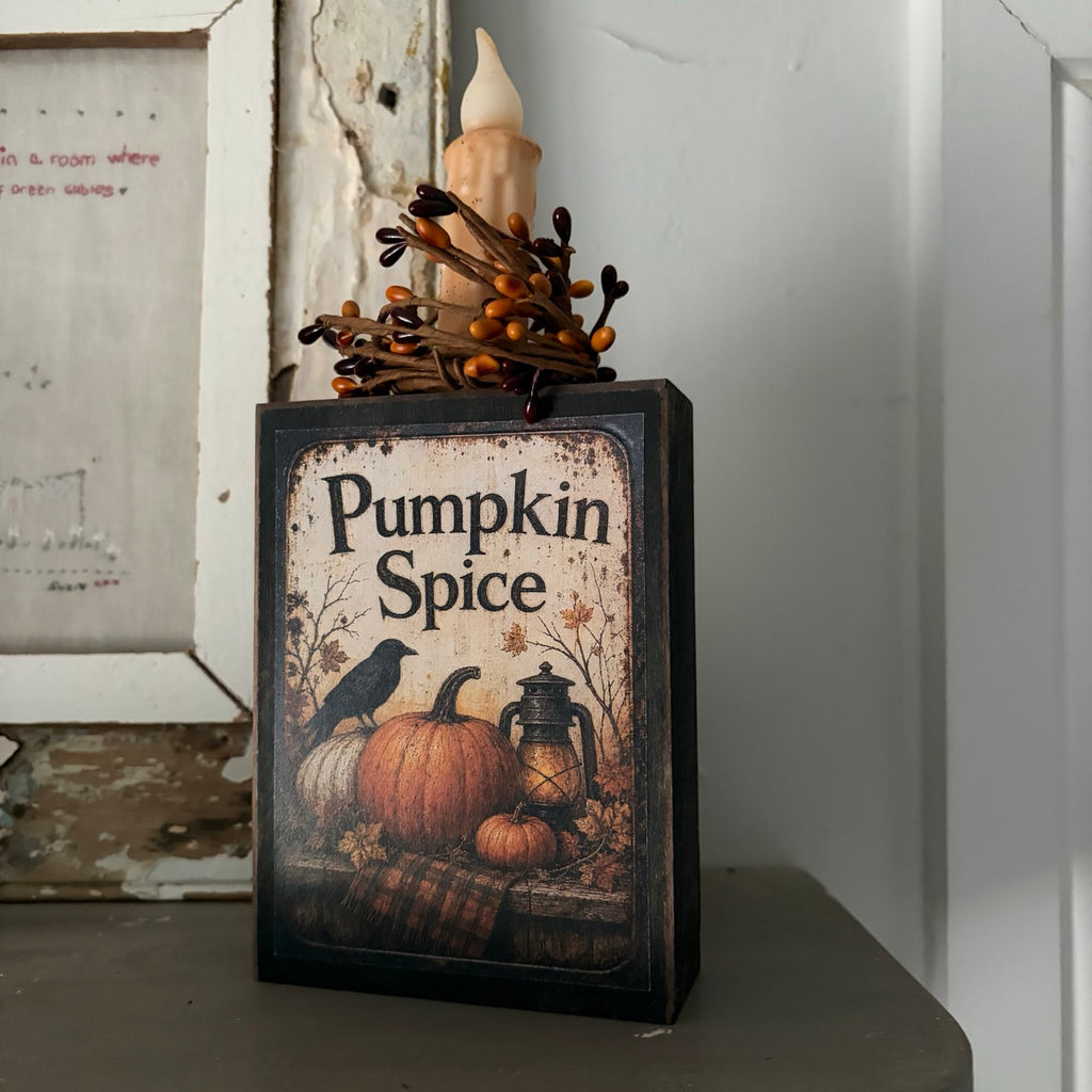 Pumpkin Spice Folk Art Block with Timer Candle