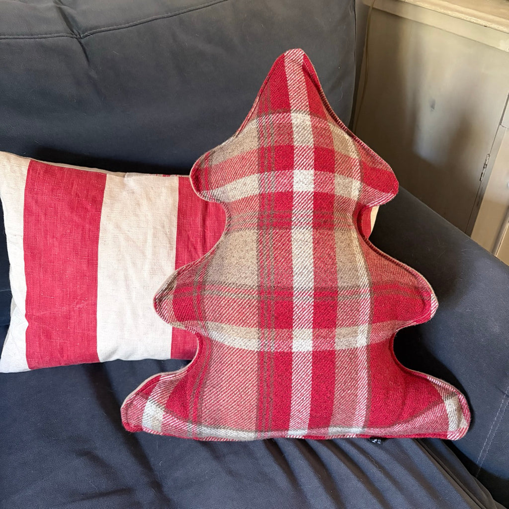 Red Check Embroidered Christmas Tree Cushion