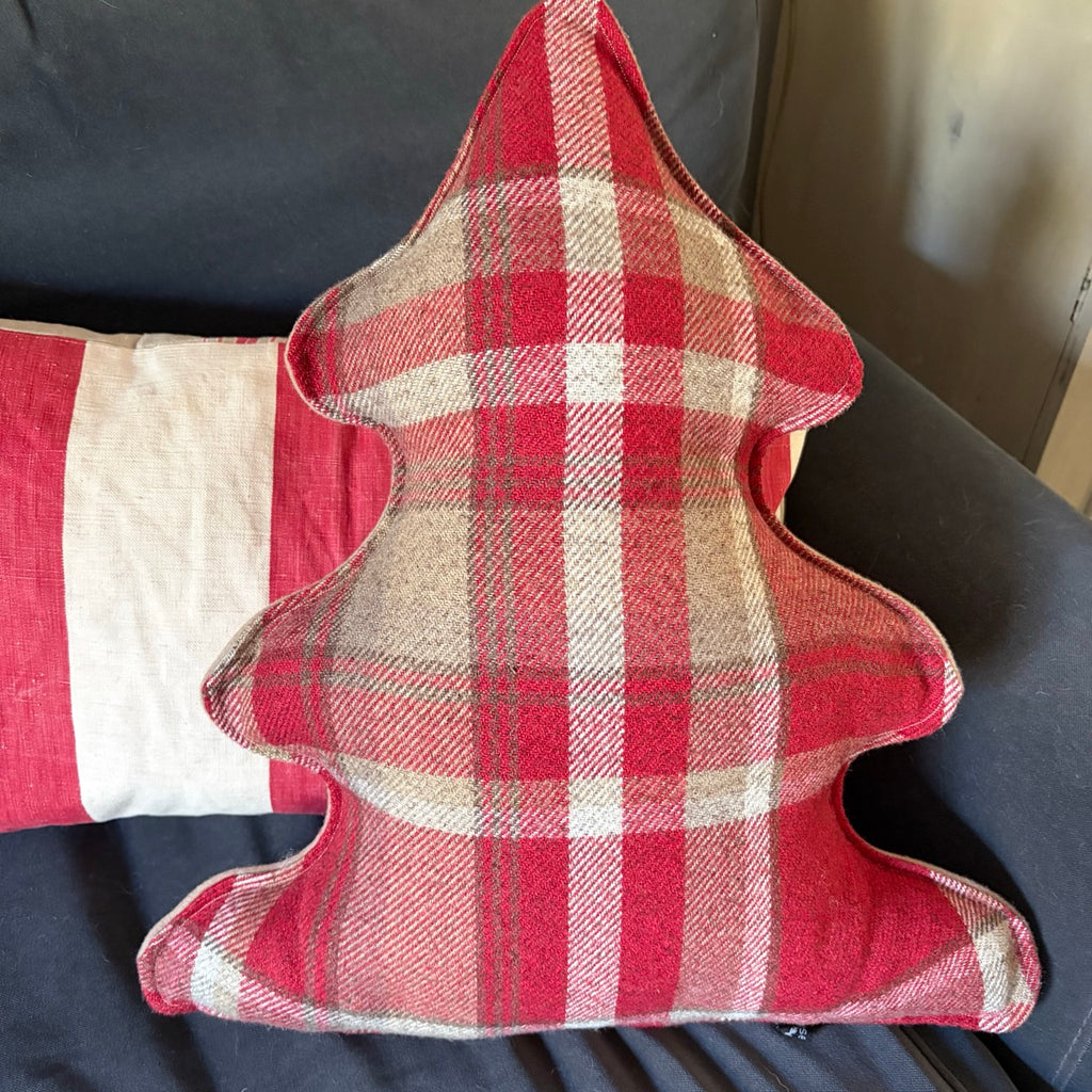 Red Check Embroidered Christmas Tree Cushion