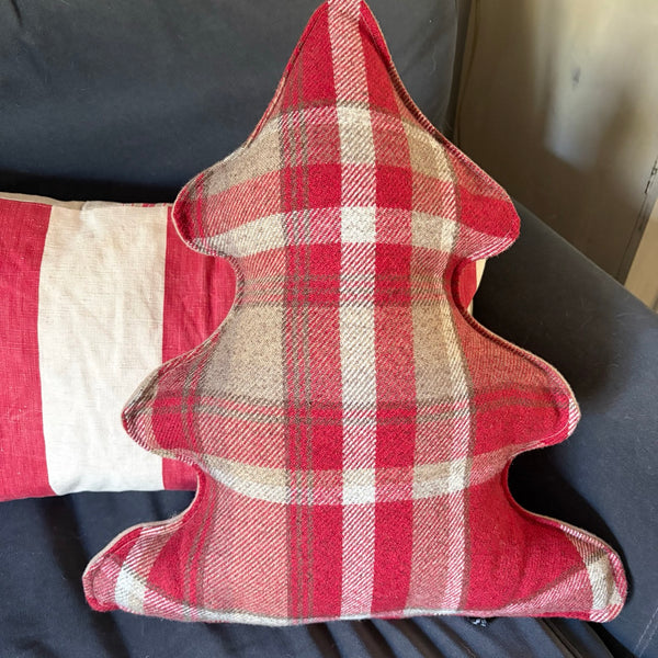 Red Check Embroidered Christmas Tree Cushion