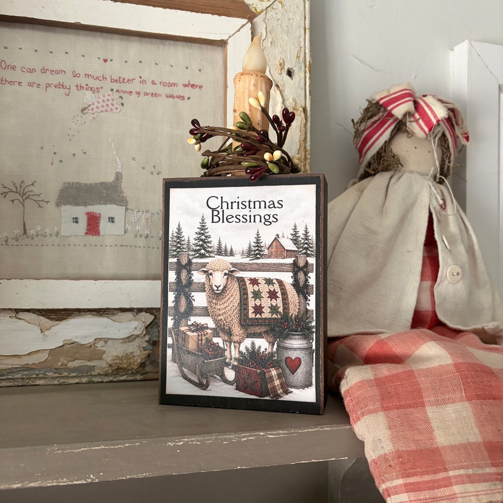 Christmas Blessings Sheep Block with Timer Candle