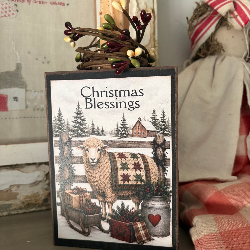 Christmas Blessings Sheep Block with Timer Candle