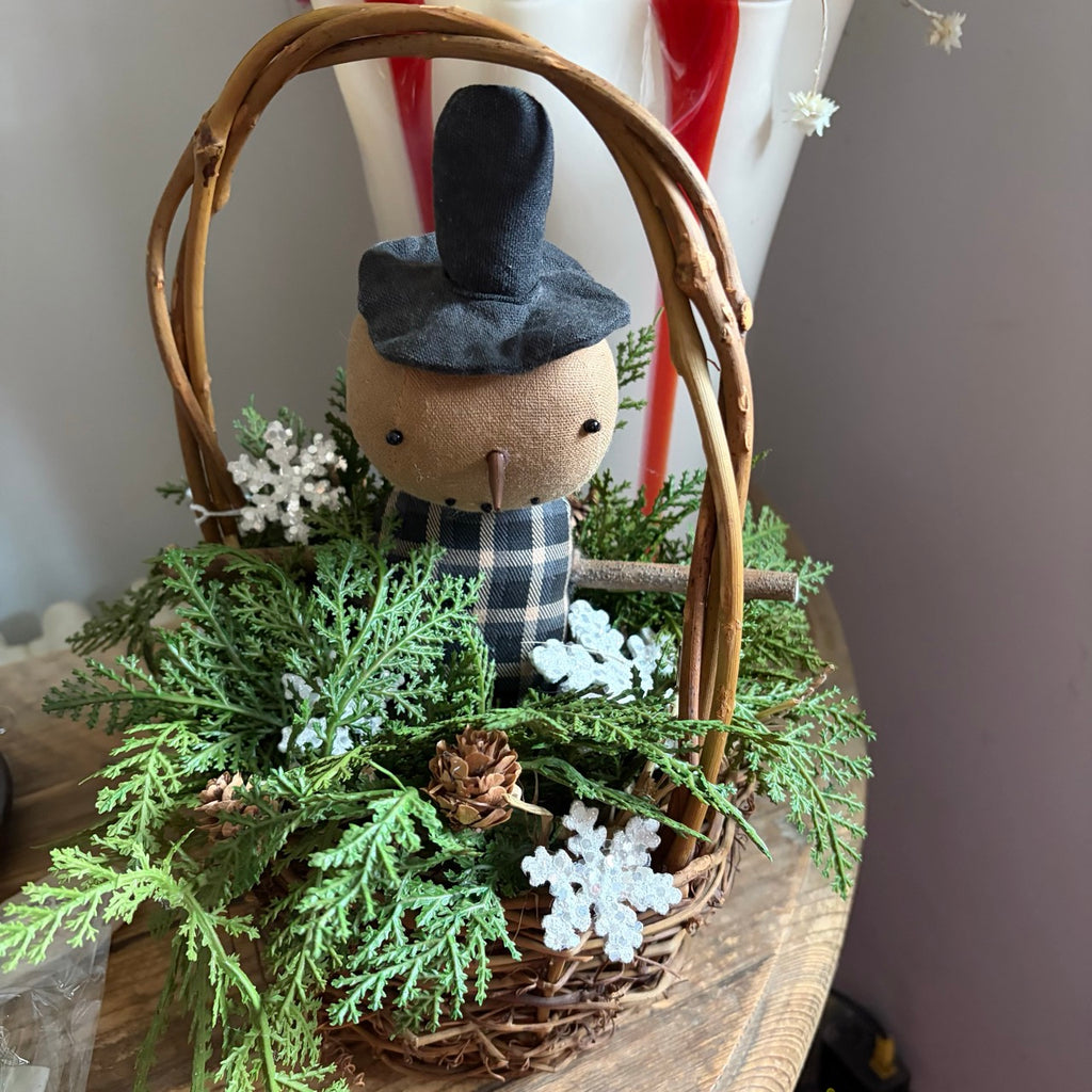 Handmade Primitive Snowman in Twig Basket