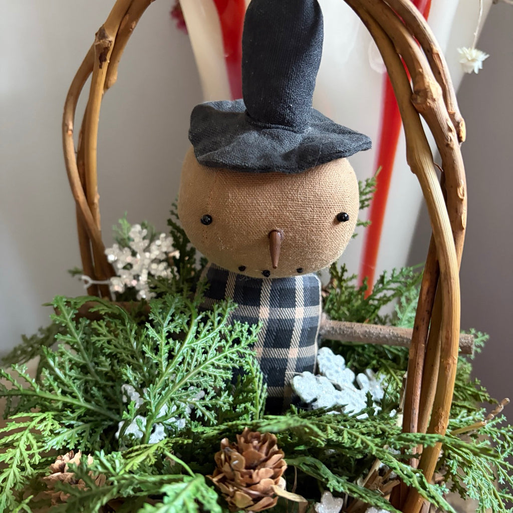 Handmade Primitive Snowman in Twig Basket