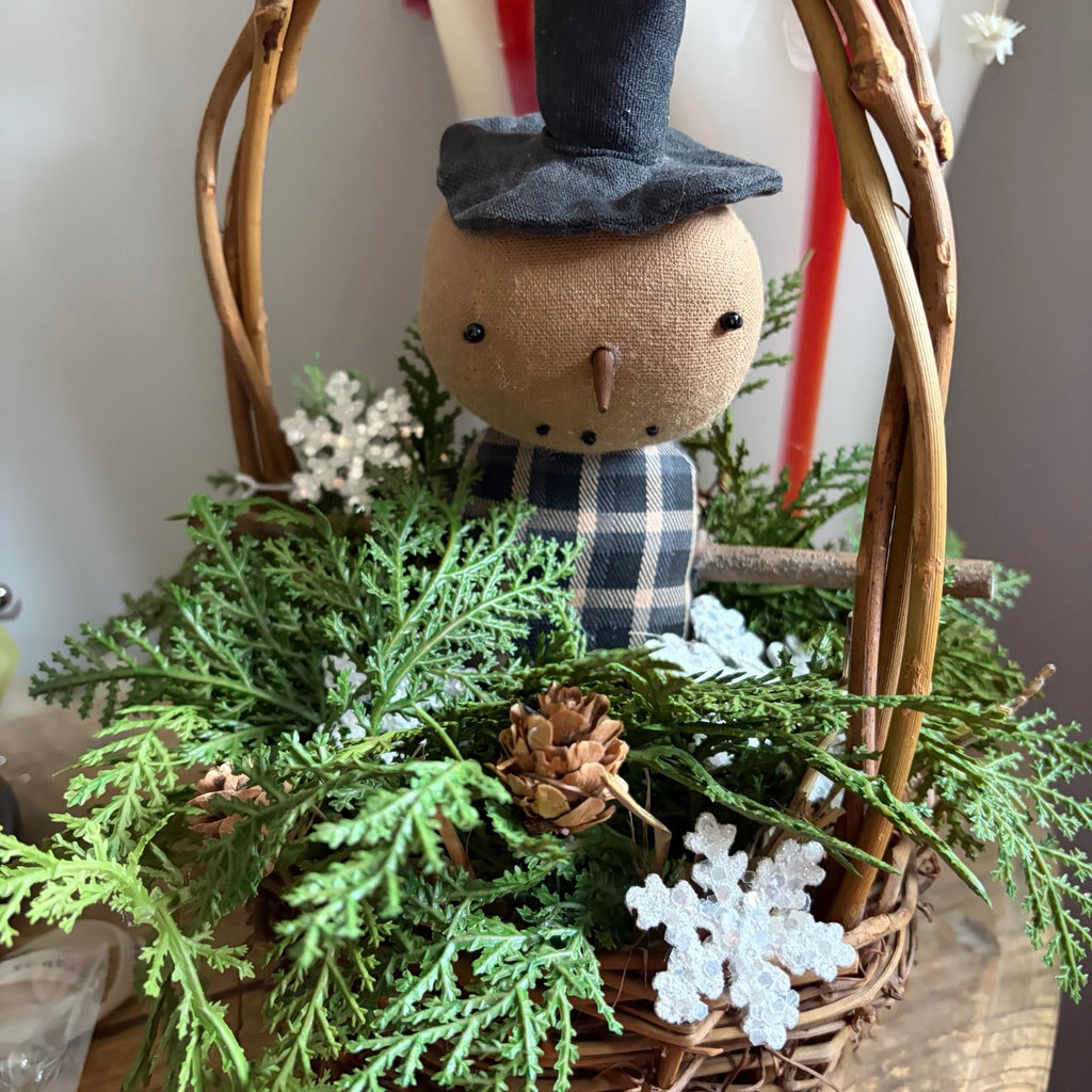 Handmade Primitive Snowman in Twig Basket