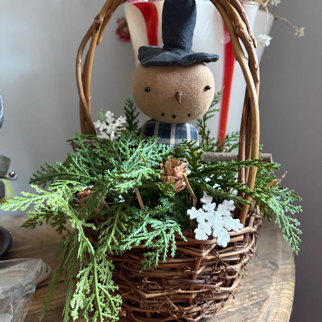 Handmade Primitive Snowman in Twig Basket