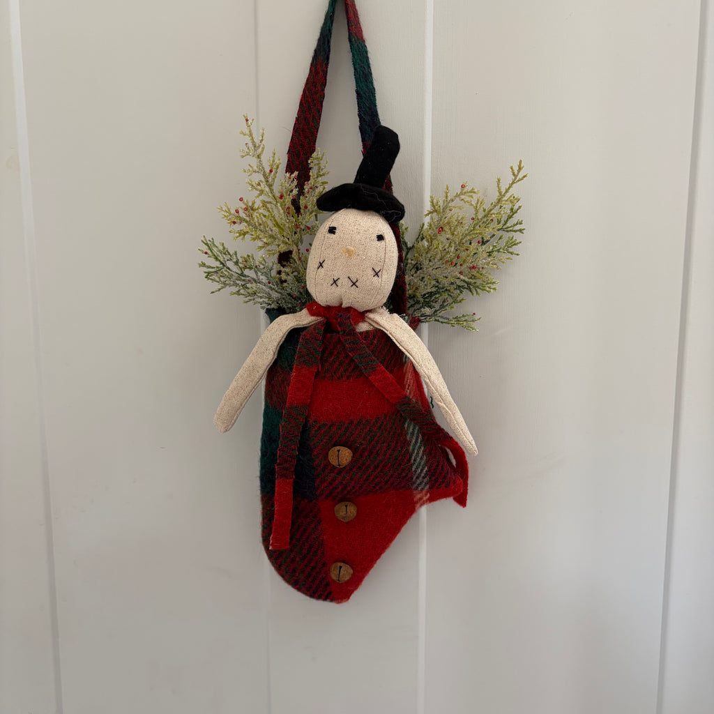 Handmade Primitive Snowman in Check Mitten