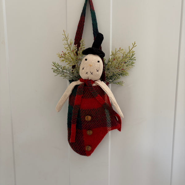 Handmade Primitive Snowman in Check Mitten