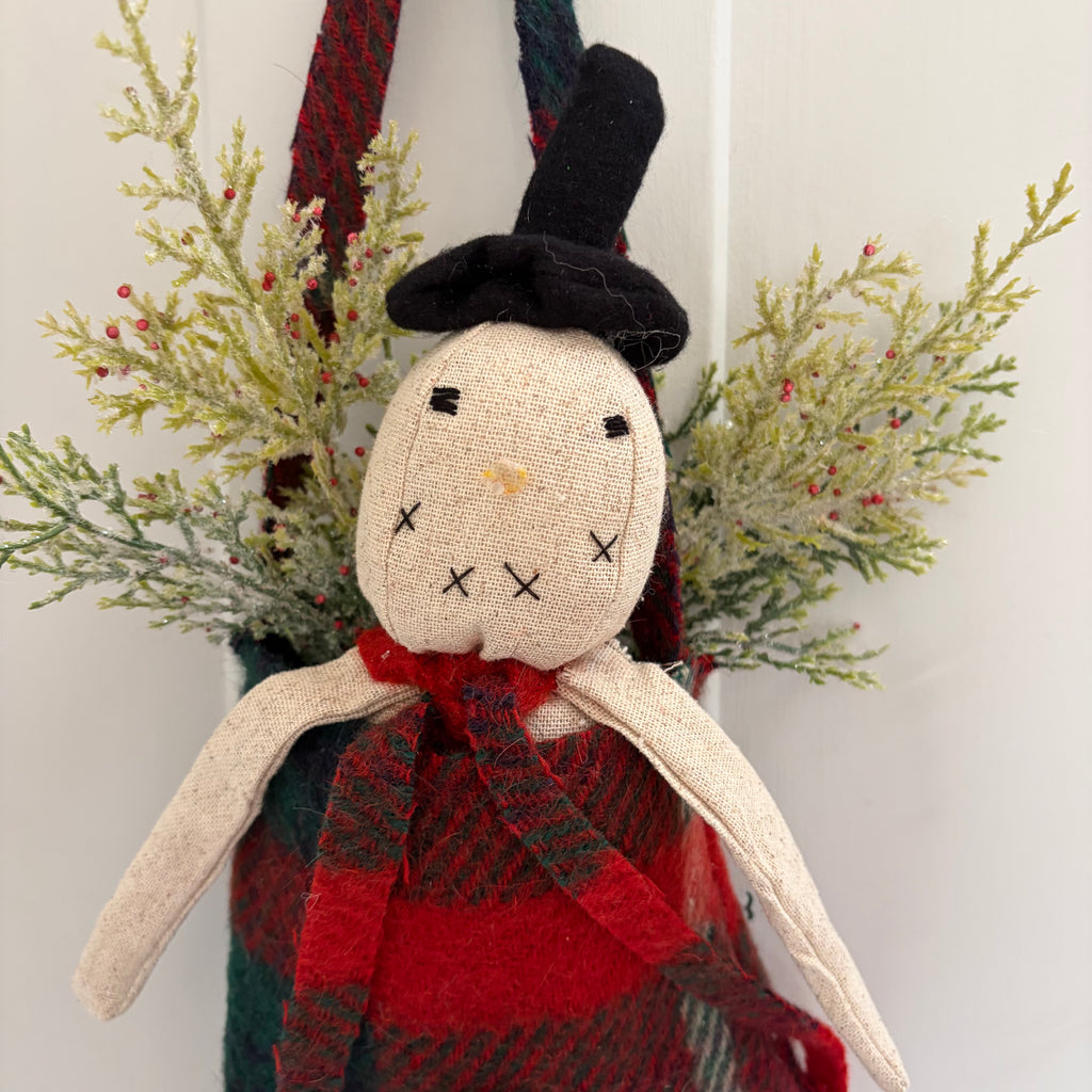 Handmade Primitive Snowman in Check Mitten