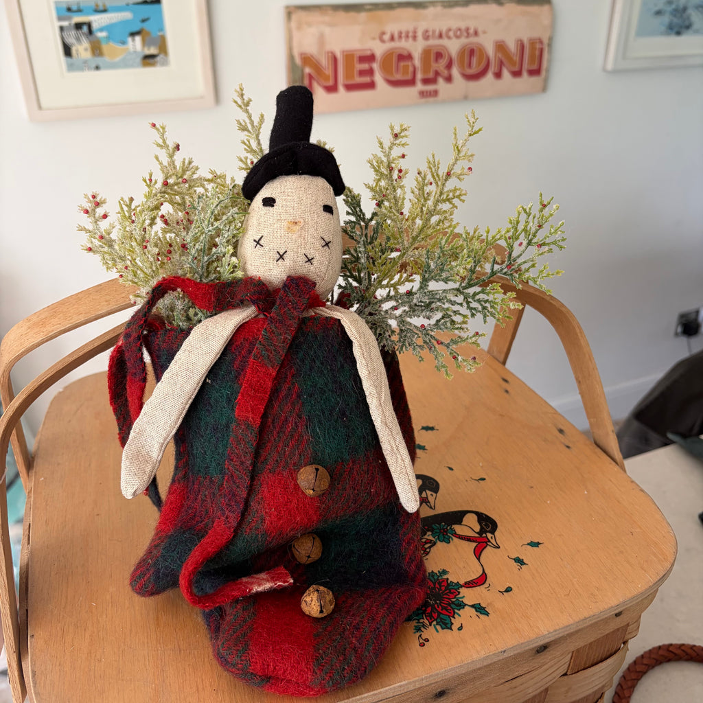 Handmade Primitive Snowman in Check Mitten
