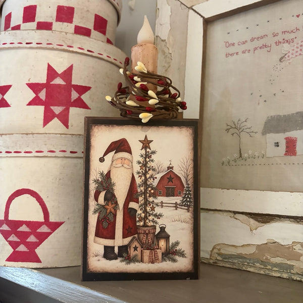 Barnyard Santa Feather Tree Block with Timer Candle