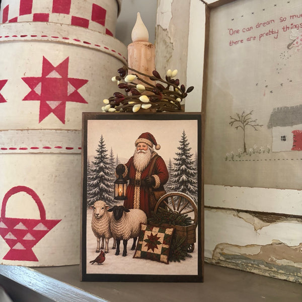 Father Christmas with Lantern and Sheep Block with Timer Candle