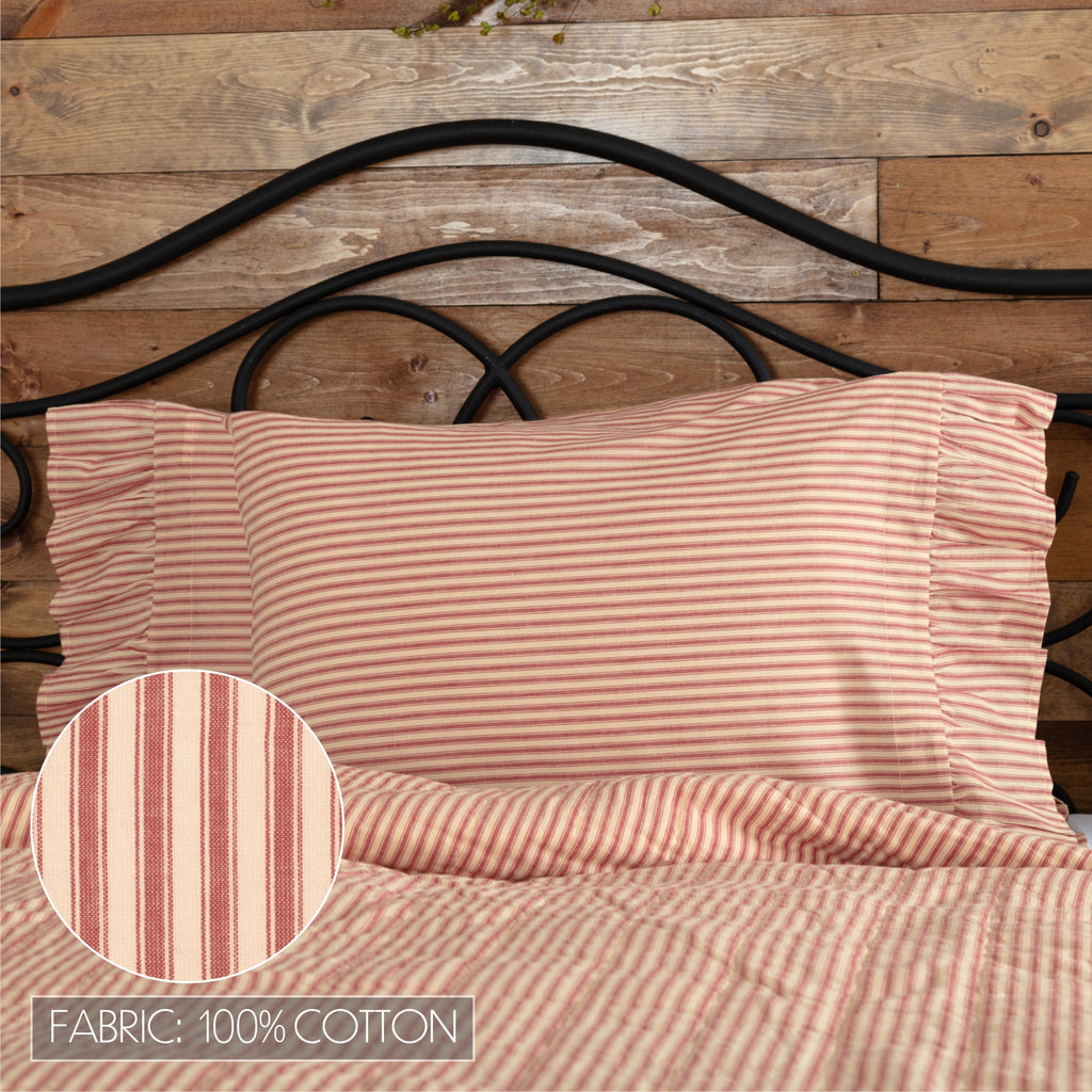 Set of 2 Sawyer Mill Red Ticking Ruffled Pillow Cases