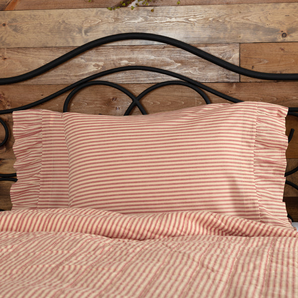 Set of 2 Sawyer Mill Red Ticking Ruffled Pillow Cases