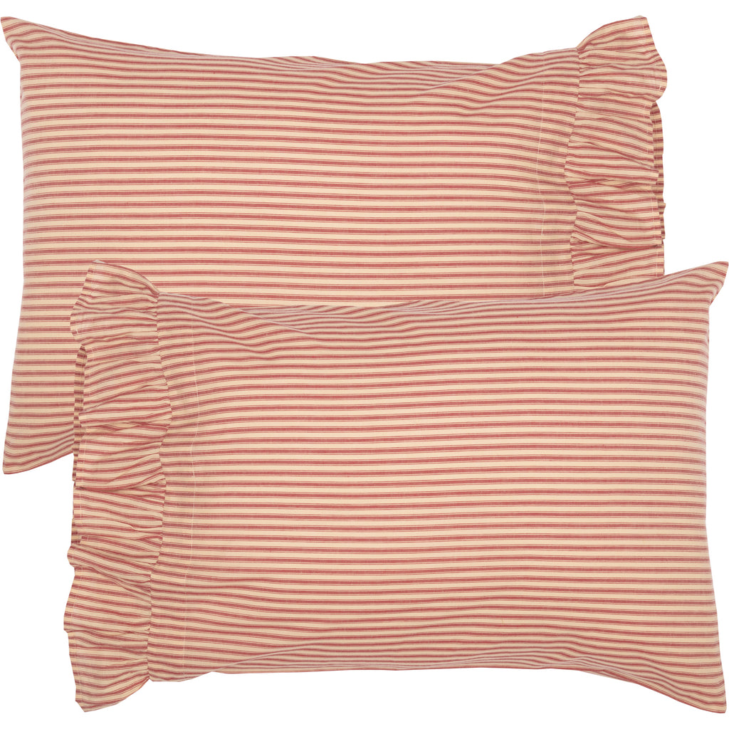 Set of 2 Sawyer Mill Red Ticking Ruffled Pillow Cases