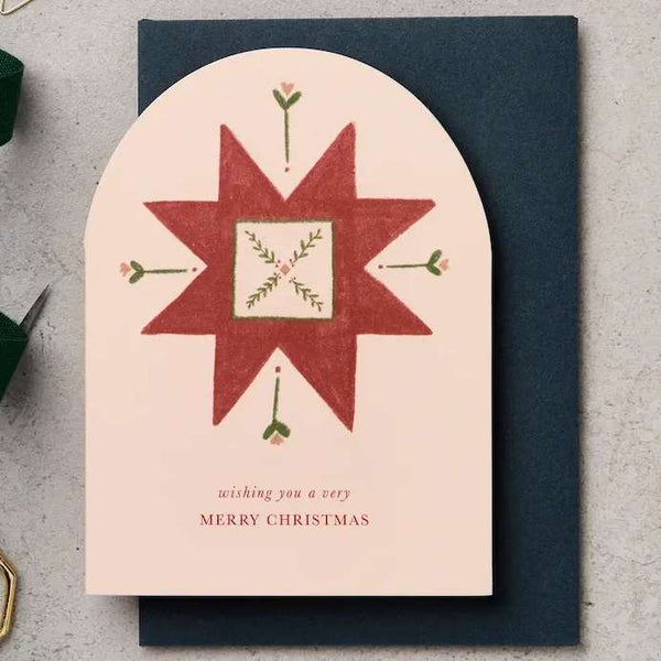 Arch Quilt Motif Red Wishing You A Merry Christmas Card