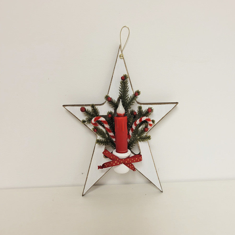 Primitive White Wooden Star Candy Cane and Timer Candle