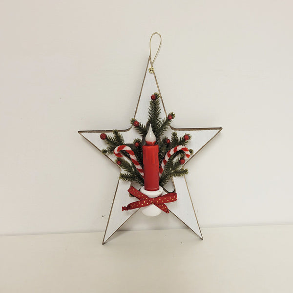 Primitive White Wooden Star Candy Cane and Timer Candle
