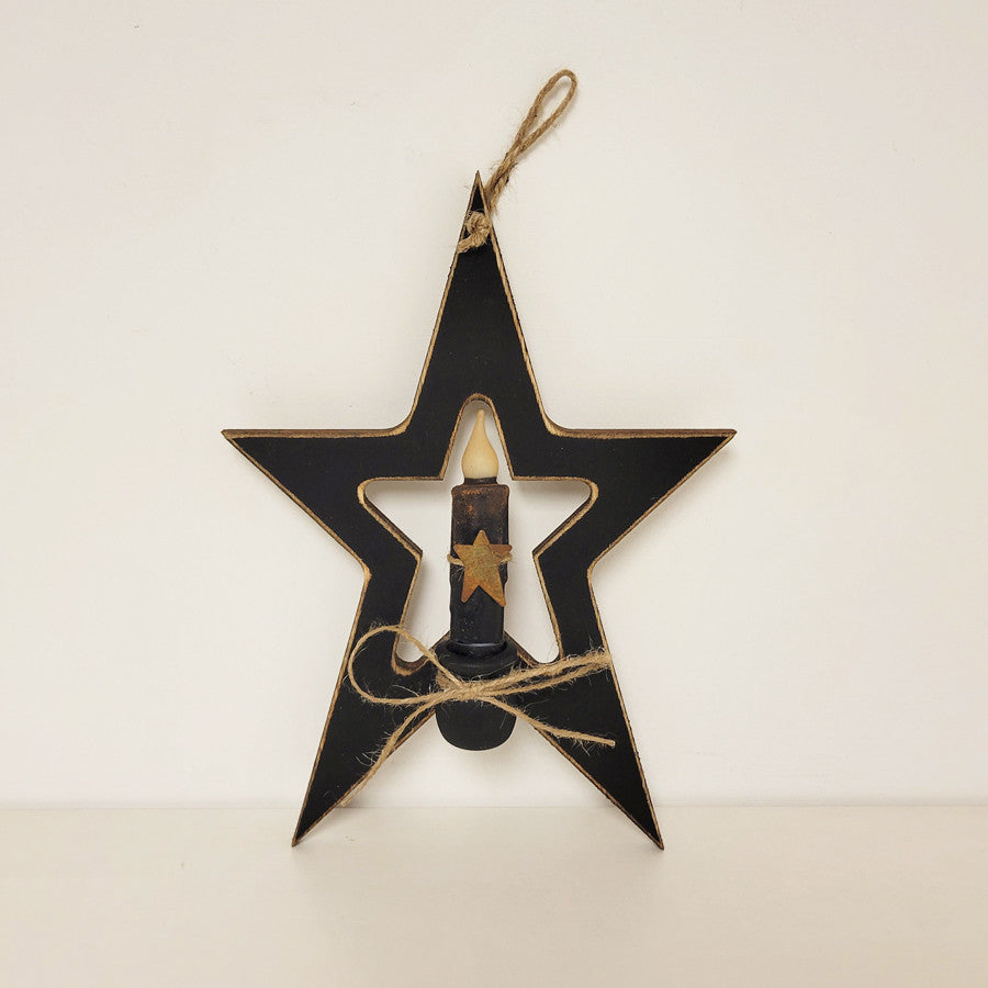 Primitive Black Wooden Star with Timer Candle