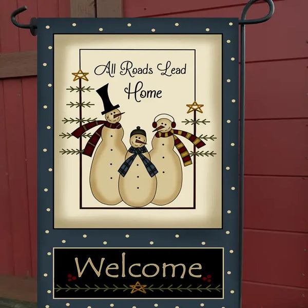 All Roads Lead Home Snowmen Garden Flag