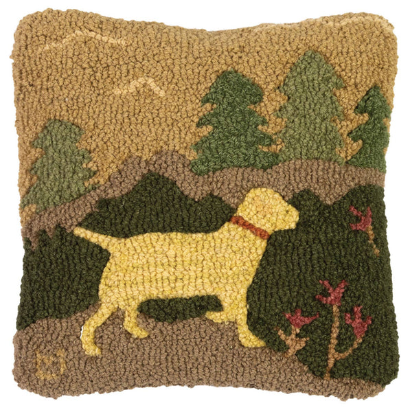 Woodsy Walk Hooked Cushion with Yellow Lab
