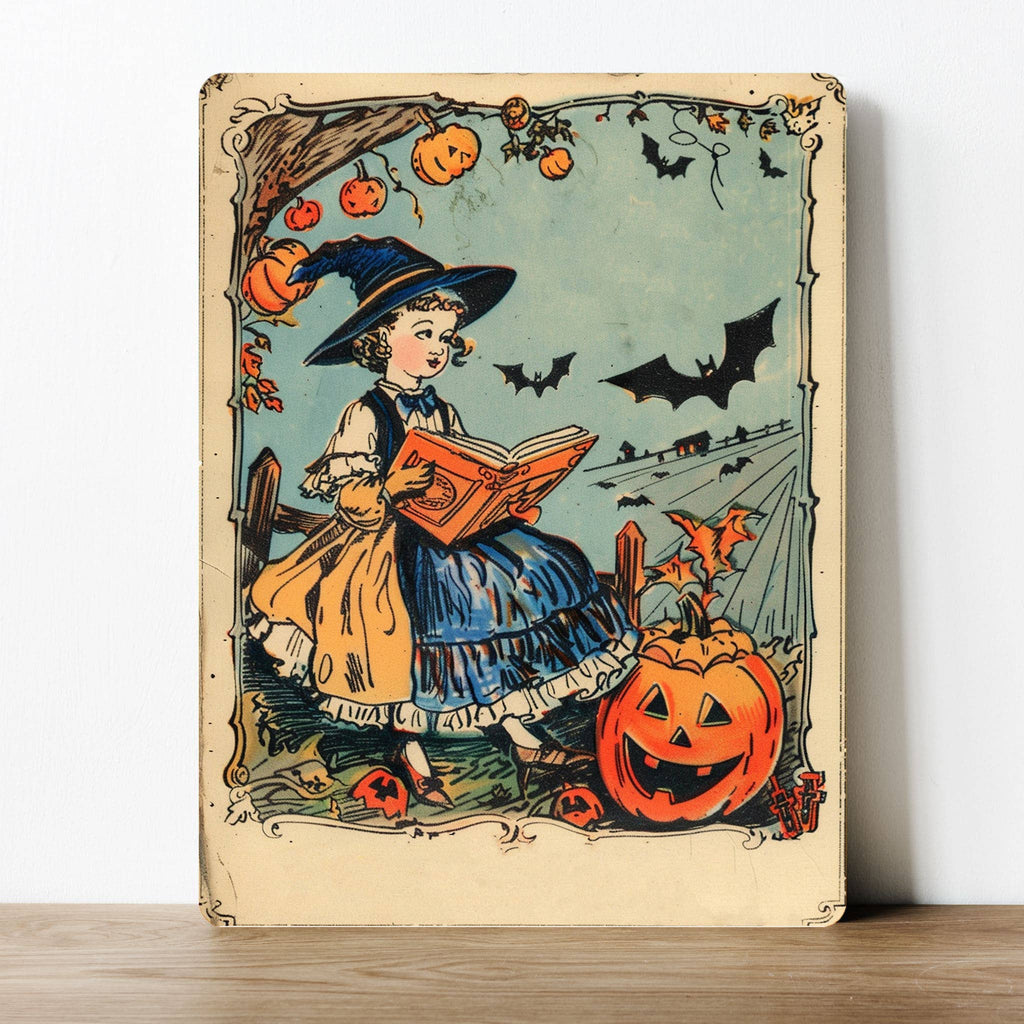 Vintage Style Witch and Pumpkin Halloween Metal Sign