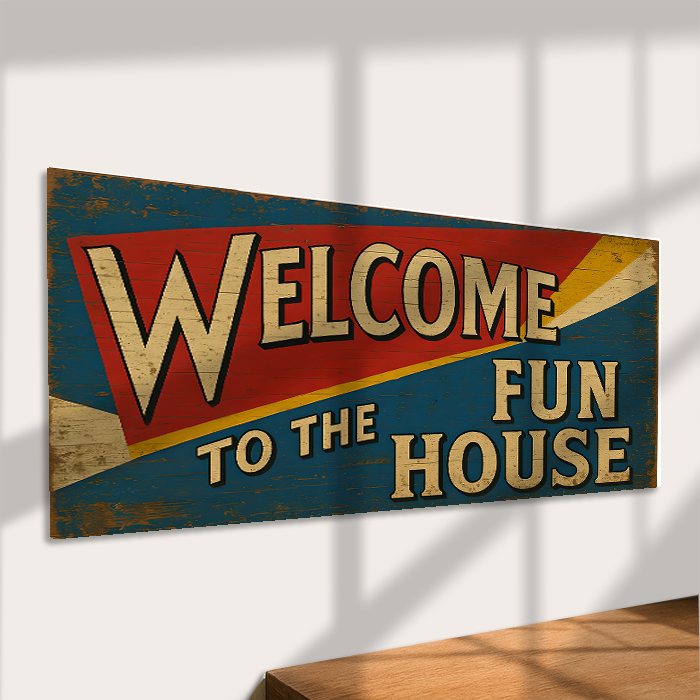Hello Fun Sign Welcome to the Fun House Retro Carnival Metal Sign - Olde Glory